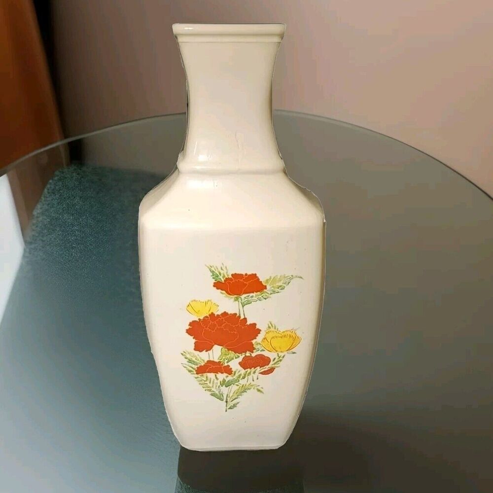 IMARI Bud Vase Milk Glass Orange Multi Floral 7" Avon 1991 - Picture 1 of 12